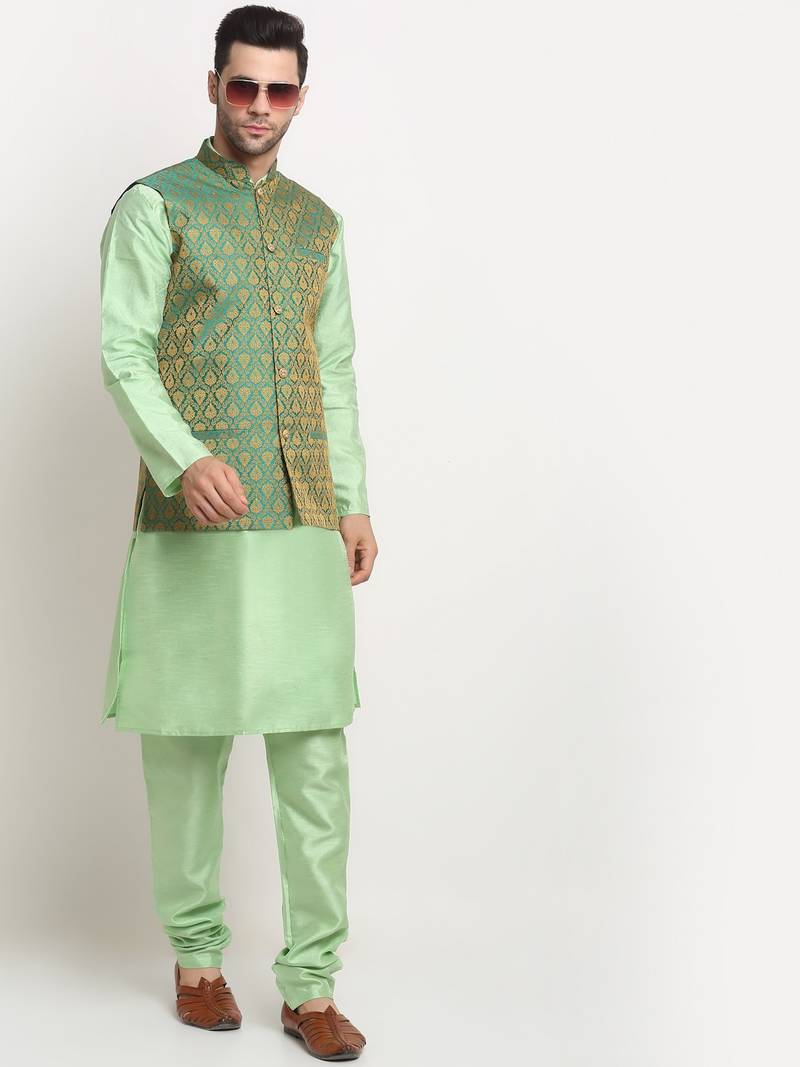 Sea Green Silk Blend Kurta and churidar with Jacquard Green Nehru jacket