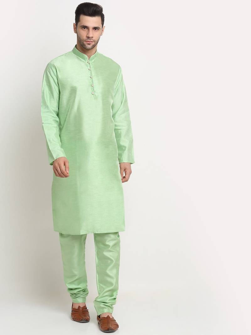 Sea Green Silk Blend Kurta and churidar with Jacquard Green Nehru jacket