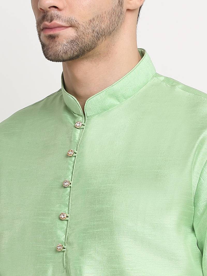 Sea Green Silk Blend Kurta and churidar with Jacquard Green Nehru jacket
