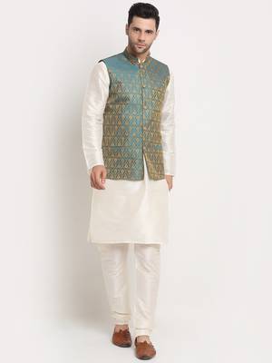 Cream Silk Blend Kurta and churidar with Jacquard Blue Nehru jacket 1