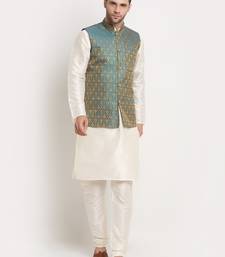 Cream Silk Blend Kurta and churidar with Jacquard Blue Nehru jacket