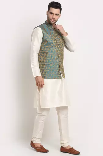 Cream Silk Blend Kurta and churidar with Jacquard Blue Nehru jacket