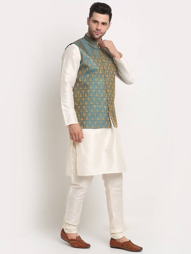 Cream Silk Blend Kurta and churidar with Jacquard Blue Nehru jacket