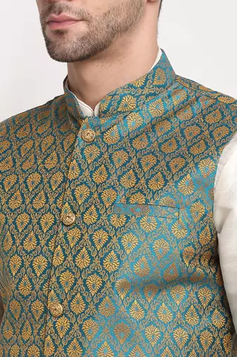 Cream Silk Blend Kurta and churidar with Jacquard Blue Nehru jacket