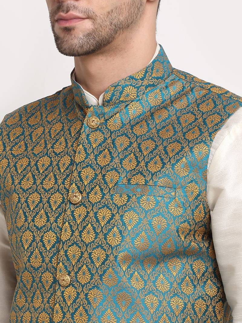 Cream Silk Blend Kurta and churidar with Jacquard Blue Nehru jacket