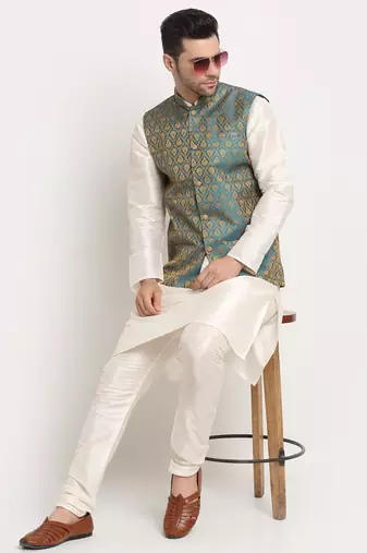 Cream Silk Blend Kurta and churidar with Jacquard Blue Nehru jacket
