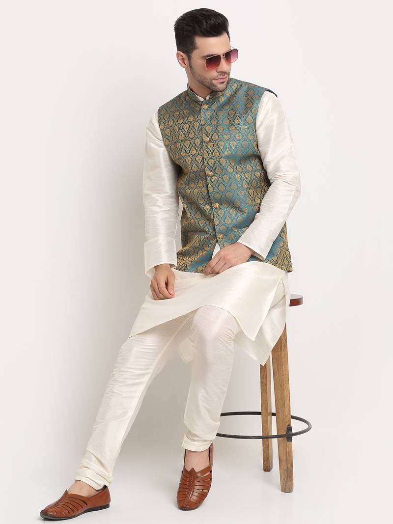 Cream Silk Blend Kurta and churidar with Jacquard Blue Nehru jacket