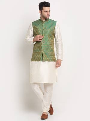 Cream Silk Blend Kurta and churidar with Jacquard Green Nehru jacket 1