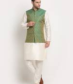 Cream Silk Blend Kurta and churidar with Jacquard Green Nehru jacket