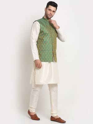 Cream Silk Blend Kurta and churidar with Jacquard Green Nehru jacket 2
