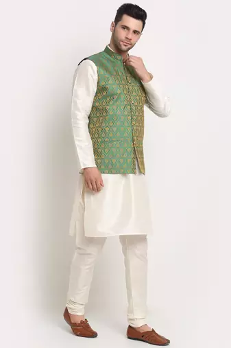 Cream Silk Blend Kurta and churidar with Jacquard Green Nehru jacket