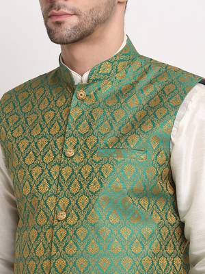 Cream Silk Blend Kurta and churidar with Jacquard Green Nehru jacket 3