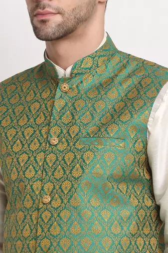 Cream Silk Blend Kurta and churidar with Jacquard Green Nehru jacket