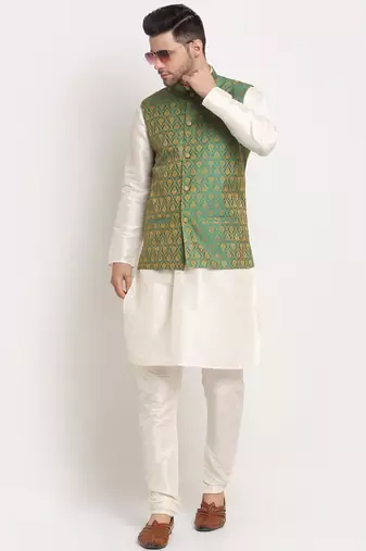 Cream Silk Blend Kurta and churidar with Jacquard Green Nehru jacket