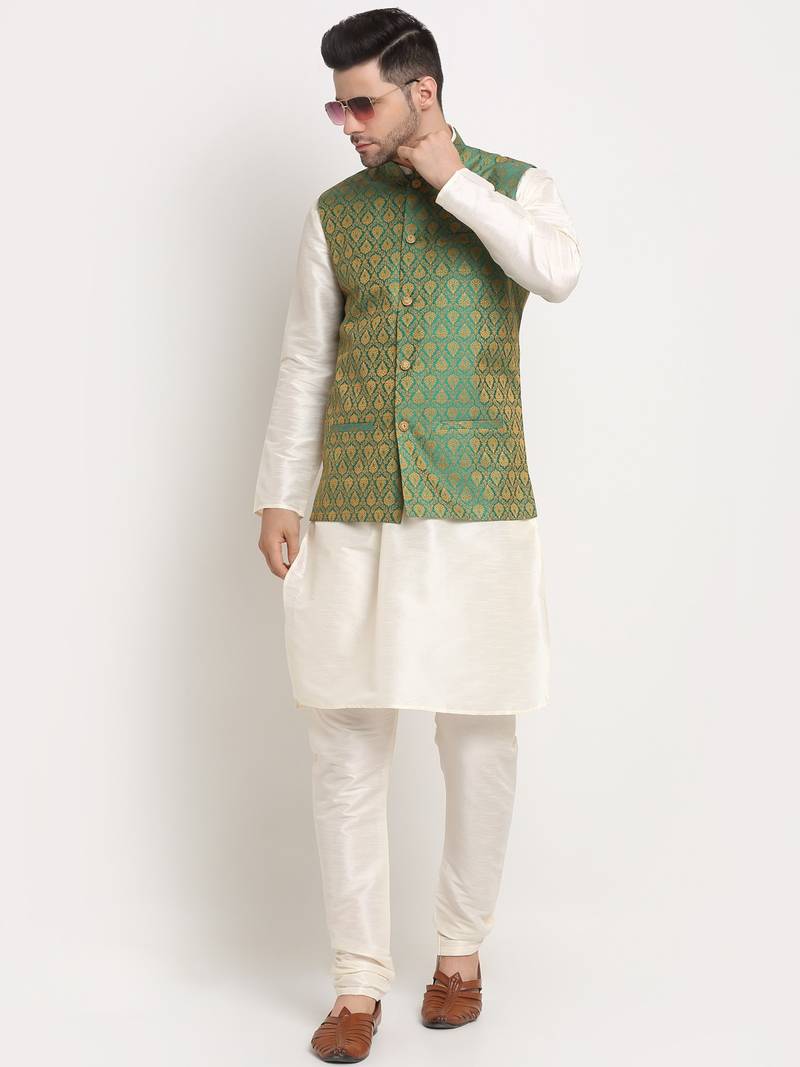 Cream Silk Blend Kurta and churidar with Jacquard Green Nehru jacket