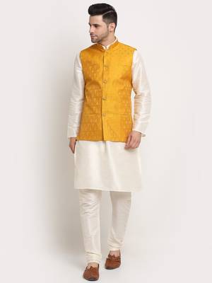 Cream Silk Blend Kurta and churidar with Jacquard Yellow Nehru jacket 1