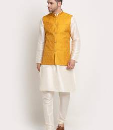 Cream Silk Blend Kurta and churidar with Jacquard Yellow Nehru jacket