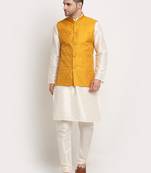 Cream Silk Blend Kurta and churidar with Jacquard Yellow Nehru jacket