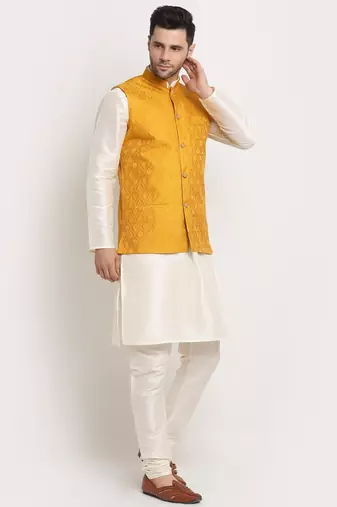 Cream Silk Blend Kurta and churidar with Jacquard Yellow Nehru jacket