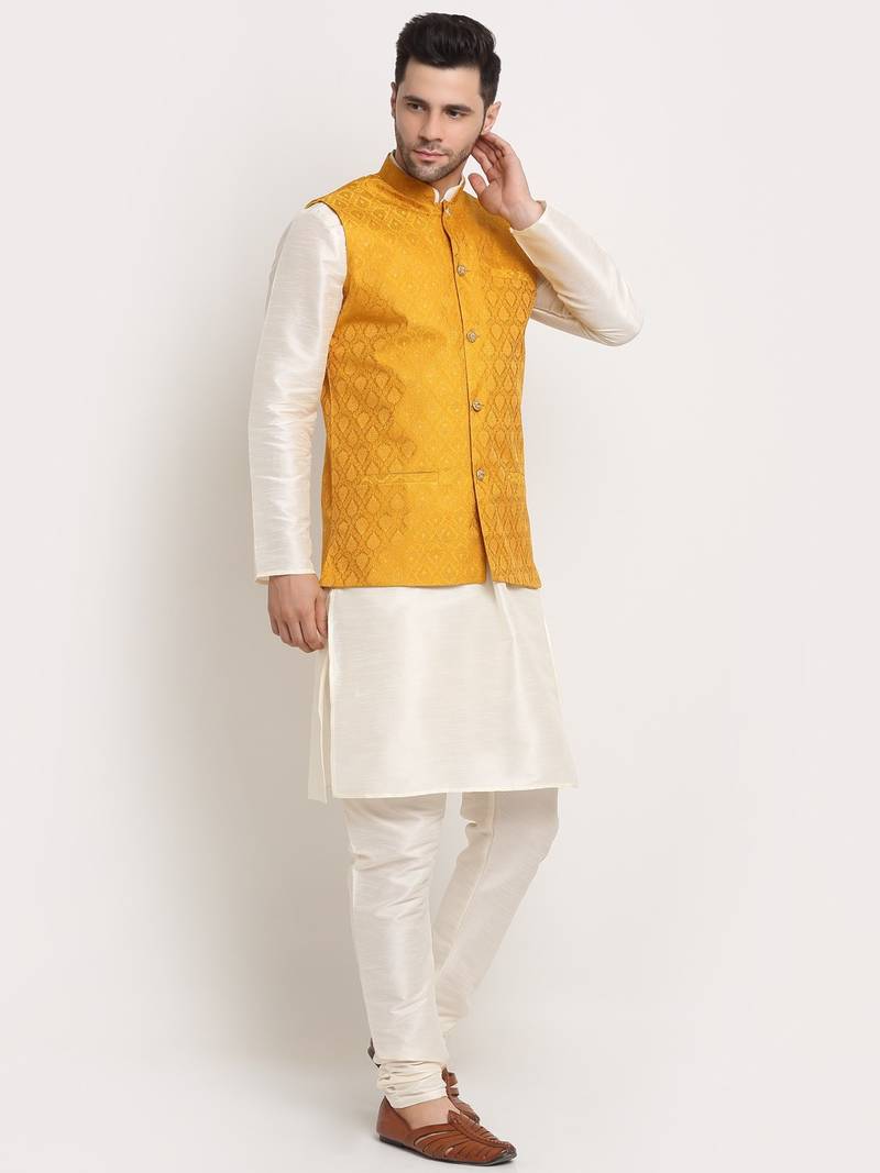 Cream Silk Blend Kurta and churidar with Jacquard Yellow Nehru jacket