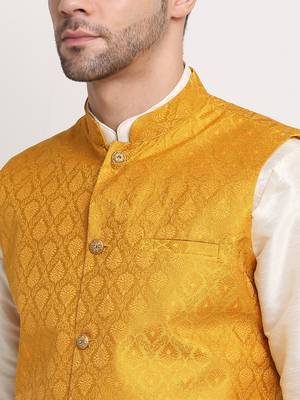 Cream Silk Blend Kurta and churidar with Jacquard Yellow Nehru jacket 3