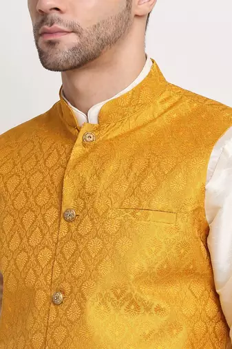 Cream Silk Blend Kurta and churidar with Jacquard Yellow Nehru jacket