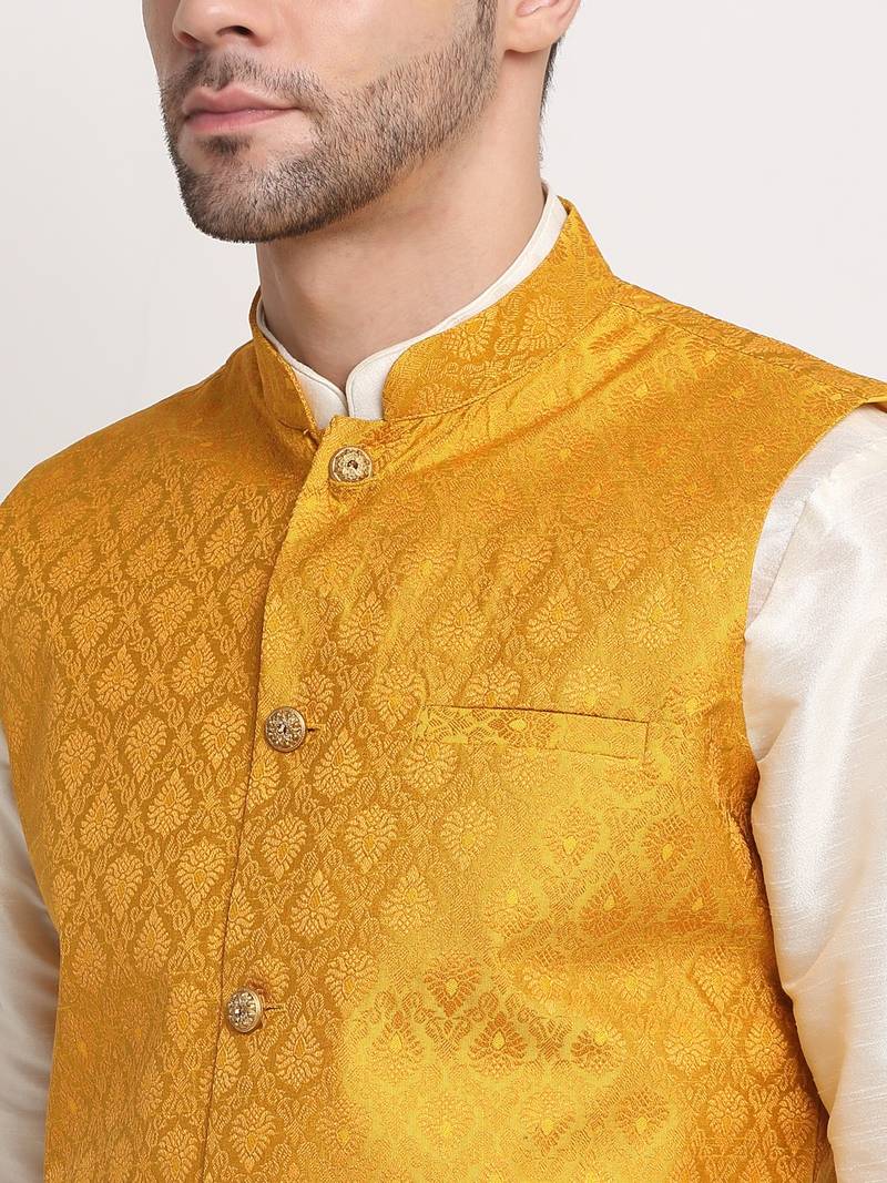 Cream Silk Blend Kurta and churidar with Jacquard Yellow Nehru jacket