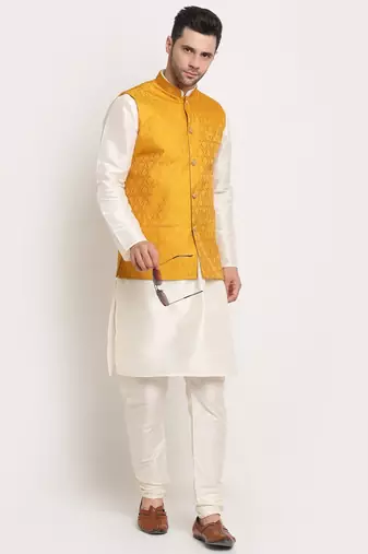 Cream Silk Blend Kurta and churidar with Jacquard Yellow Nehru jacket