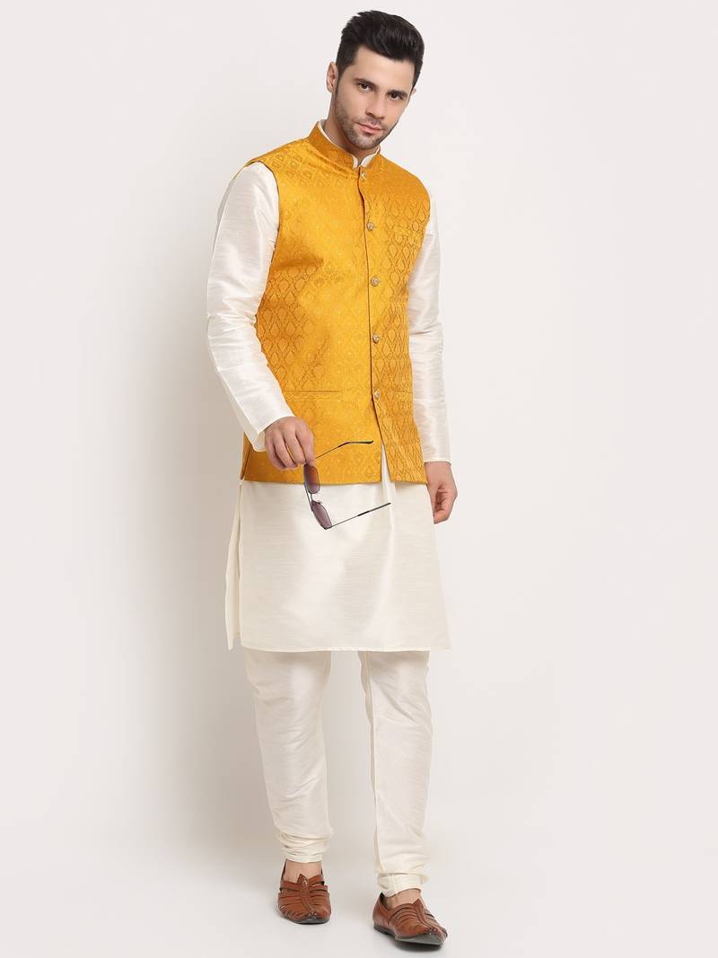 Cream Silk Blend Kurta and churidar with Jacquard Yellow Nehru jacket