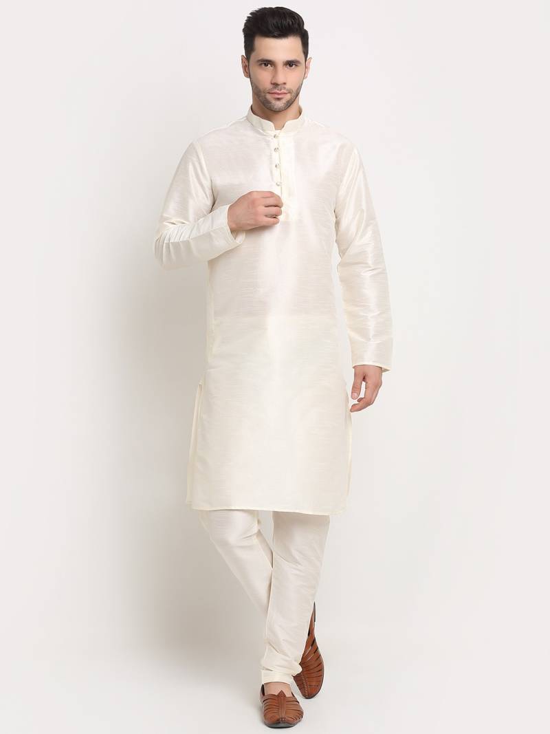 Cream Silk Blend Kurta and churidar with Jacquard Yellow Nehru jacket