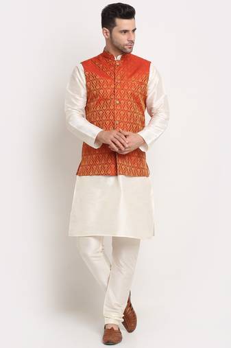 Cream Silk Blend Kurta and churidar with Jacquard Red Nehru jacket