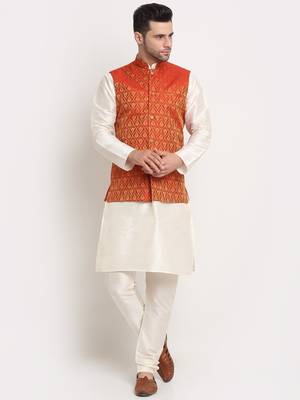 Cream Silk Blend Kurta and churidar with Jacquard Red Nehru jacket 1