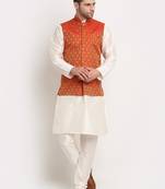 Cream Silk Blend Kurta and churidar with Jacquard Red Nehru jacket