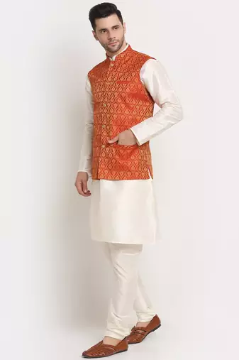Cream Silk Blend Kurta and churidar with Jacquard Red Nehru jacket