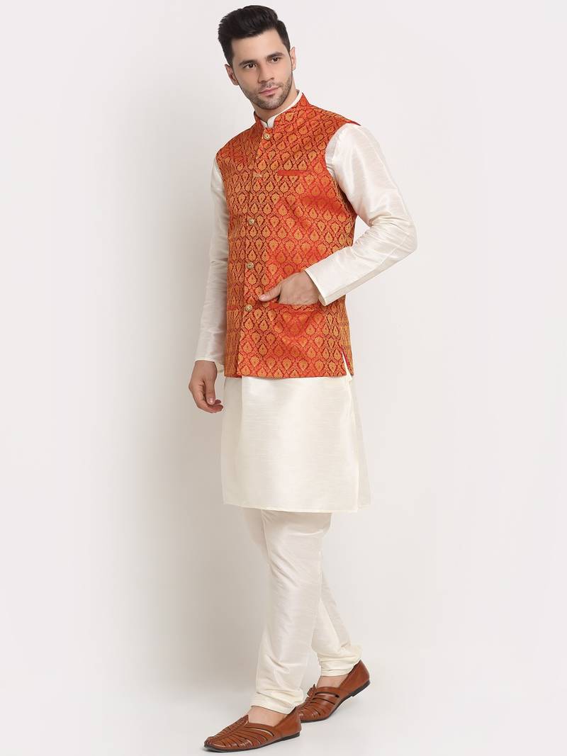 Cream Silk Blend Kurta and churidar with Jacquard Red Nehru jacket