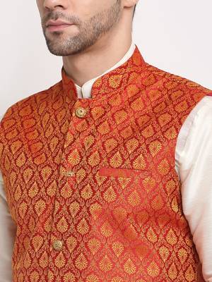 Cream Silk Blend Kurta and churidar with Jacquard Red Nehru jacket 3
