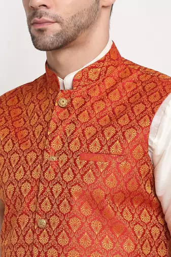 Cream Silk Blend Kurta and churidar with Jacquard Red Nehru jacket
