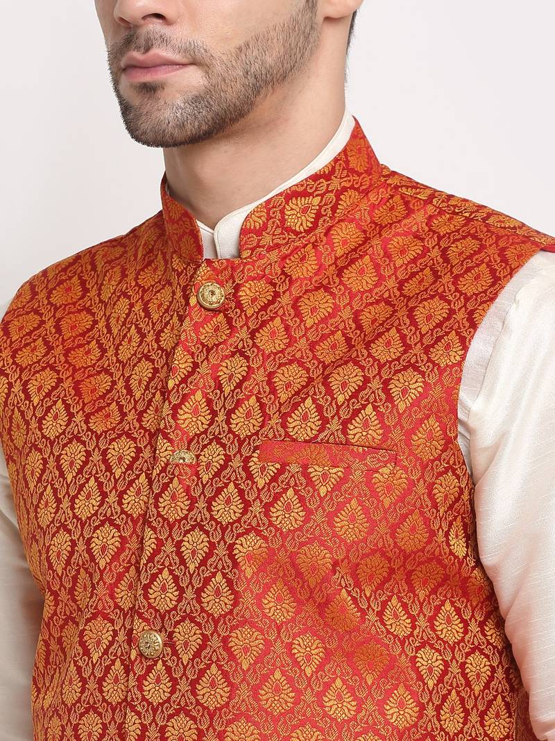 Cream Silk Blend Kurta and churidar with Jacquard Red Nehru jacket