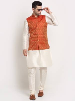 Cream Silk Blend Kurta and churidar with Jacquard Red Nehru jacket 4
