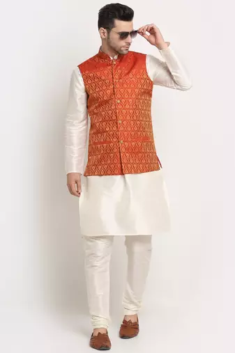 Cream Silk Blend Kurta and churidar with Jacquard Red Nehru jacket