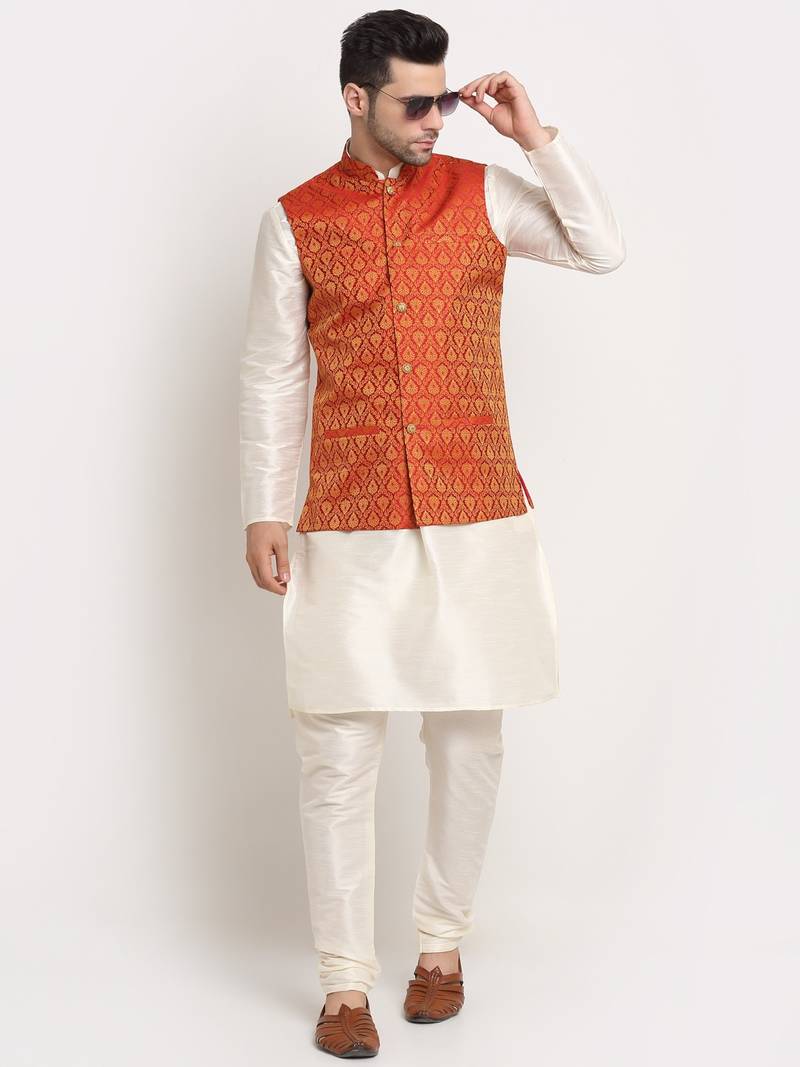 Cream Silk Blend Kurta and churidar with Jacquard Red Nehru jacket