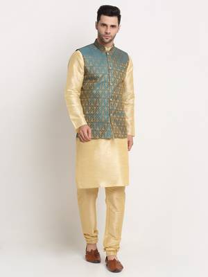 Fawn Silk Blend Kurta and churidar with Jacquard Blue Nehru jacket 1