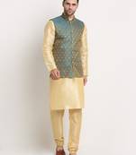 Fawn Silk Blend Kurta and churidar with Jacquard Blue Nehru jacket