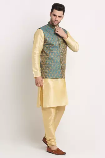 Fawn Silk Blend Kurta and churidar with Jacquard Blue Nehru jacket