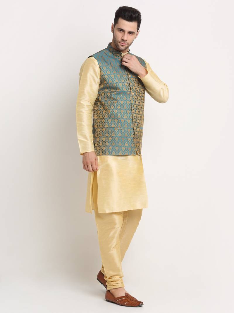 Fawn Silk Blend Kurta and churidar with Jacquard Blue Nehru jacket