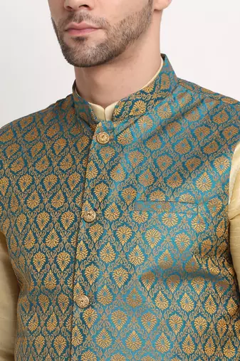 Fawn Silk Blend Kurta and churidar with Jacquard Blue Nehru jacket