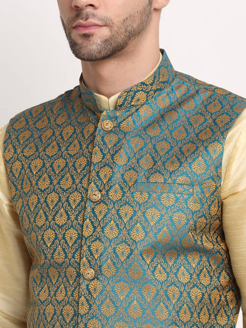 Fawn Silk Blend Kurta and churidar with Jacquard Blue Nehru jacket
