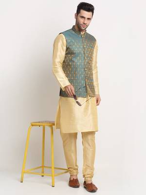 Fawn Silk Blend Kurta and churidar with Jacquard Blue Nehru jacket 4