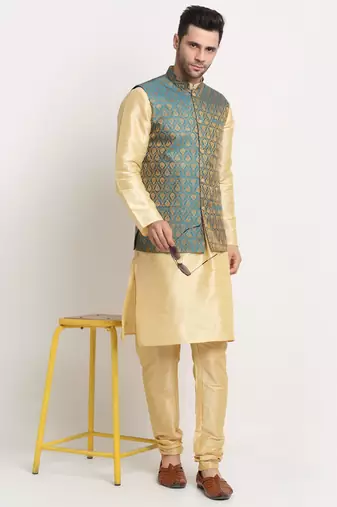 Fawn Silk Blend Kurta and churidar with Jacquard Blue Nehru jacket