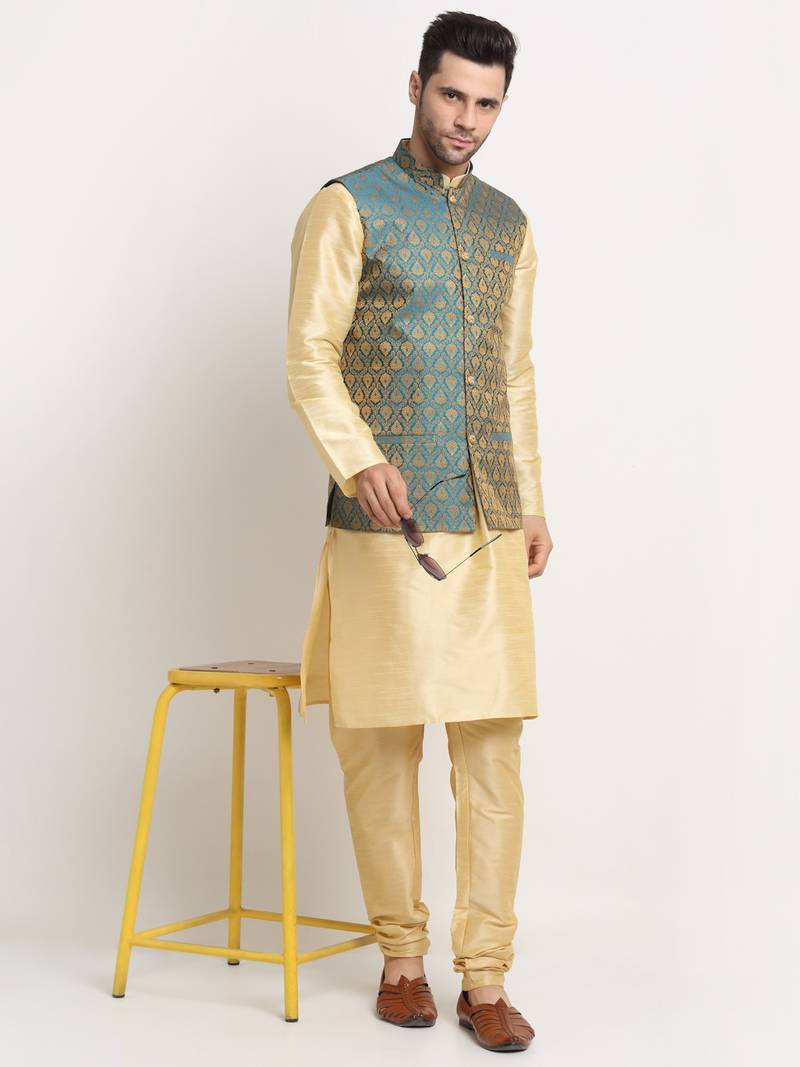 Fawn Silk Blend Kurta and churidar with Jacquard Blue Nehru jacket